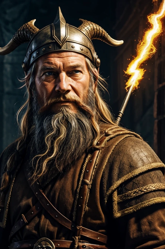 I would like a sketch of an elderly Viking with a long, braided beard, a helmet with horns, a bright eye with lightning, and wearing a sorcerer&#39;s robe with runic symbols"