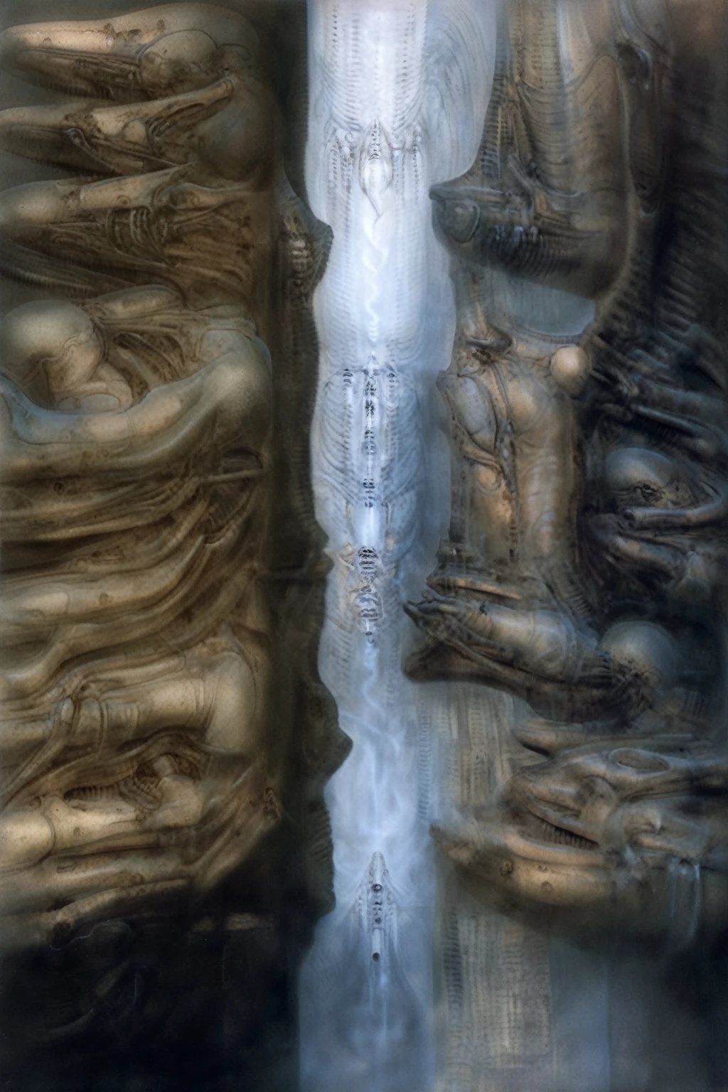 g1g3r, Giger_style, The image is a detailed view of H.R. Giger's \" Li II \" plate, featuring a complex network of bones and organs in a purple-brown hue ,swirling gray and brown colorsgroup of three alien figures positioned in the foreground.  Emaciated and skeletal, with hollow eyes, they appear to be constructed from bone and  metallic  elements,  a  characteristic  fusion  of  organic  and  mechanical  forms  found  in  Giger's  biomechanical  art.  
 The image features a robotic humanoid figure with intricate mechanical details, standing in a room with a glowing screen displaying the word \"EVE\" and a hand reaching out to touch its face.  The background is a dark and  limited  space  painted  in  a  uniform  blue-green color.  This  lack  of  detail  keeps  the  focus  on  the  figures  and  creates  a  sense  of  mystery  about  their  environment.  Receding into the distance  are  a  series  of  arches  and  tunnels  that  hint  at  a  larger  biomechanical  landscape,  possibly  the  work  of  the  creatures  themselves The artwork is silver and purplish brown, with an ivory bones prominently displayed. The image is highly detailed and intricate, almost like a 3d version of a medical diagram (detailed view of an anatomy model, possibly of a human body, with transparent organs and bones exposed). The piece has a thick mechano-organic texture and is covered in fine details. The image has a swirling, organic quality to it. The artistic manner would be unmistakably Gigeresque. A dark and unsettling beauty would permeate the piece, blurring the lines between fascination and repulsion , forever haunted by the grotesque allure. Giger's signature artistic manner would be evident in every stroke. The airbrush would be wielded with masterful precision to create a hyperrealistic yet nightmarish aesthetic.., ooze soaked pajama top
