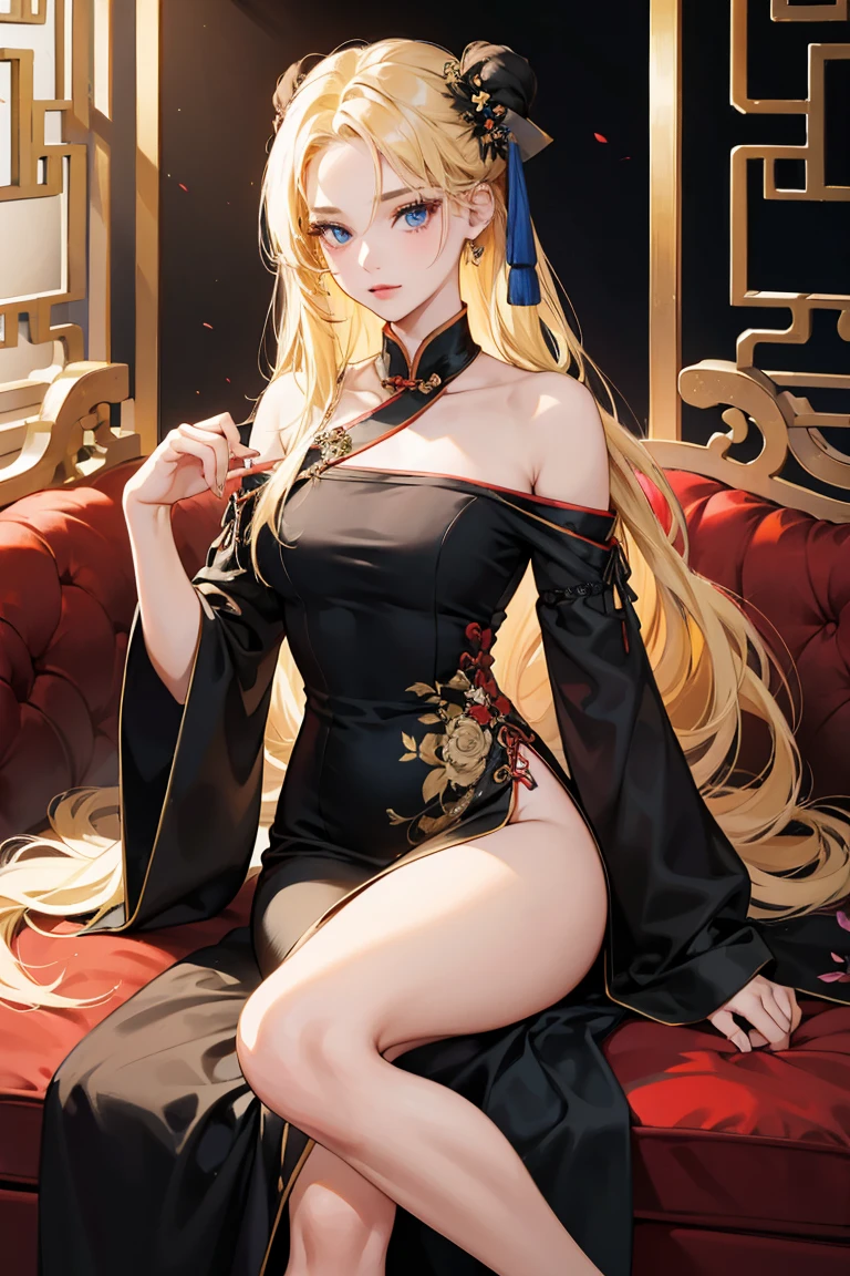 1girl, 30 years old, chinese maid, old chinese dress, black dress, off-the-shoulder, blonde hair, long hair, blonde, blue eyes, sexy, seductive, arrogant