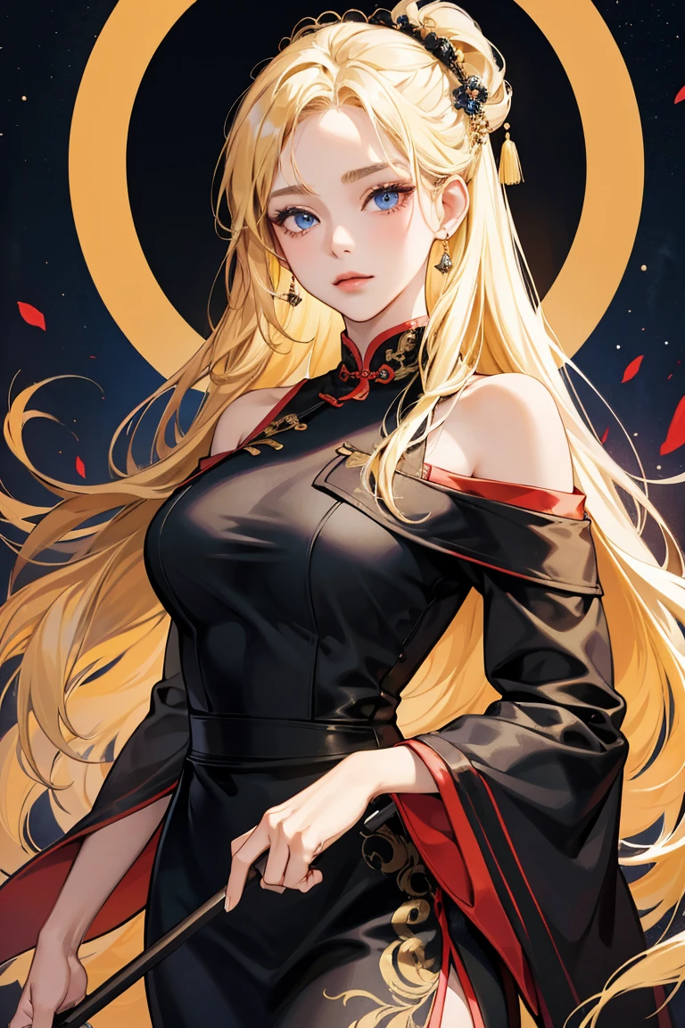 1girl, 30 years old, chinese maid, old chinese dress, black dress, off-the-shoulder, blonde hair, long hair, blonde, blue eyes, sexy, seductive, arrogant