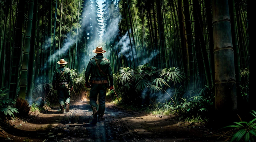 The Captain of the Forest -- closed hunter's jacket, long pants and hunter's boots, with a straw hat, he is wounded and carried by the men who are his henchmen = one on the left side, the other on the right side - - a lot of smoke a- - a lot of smoke - the captain of the forest gets up from the ground - leaving the forest in the background a bamboo grove