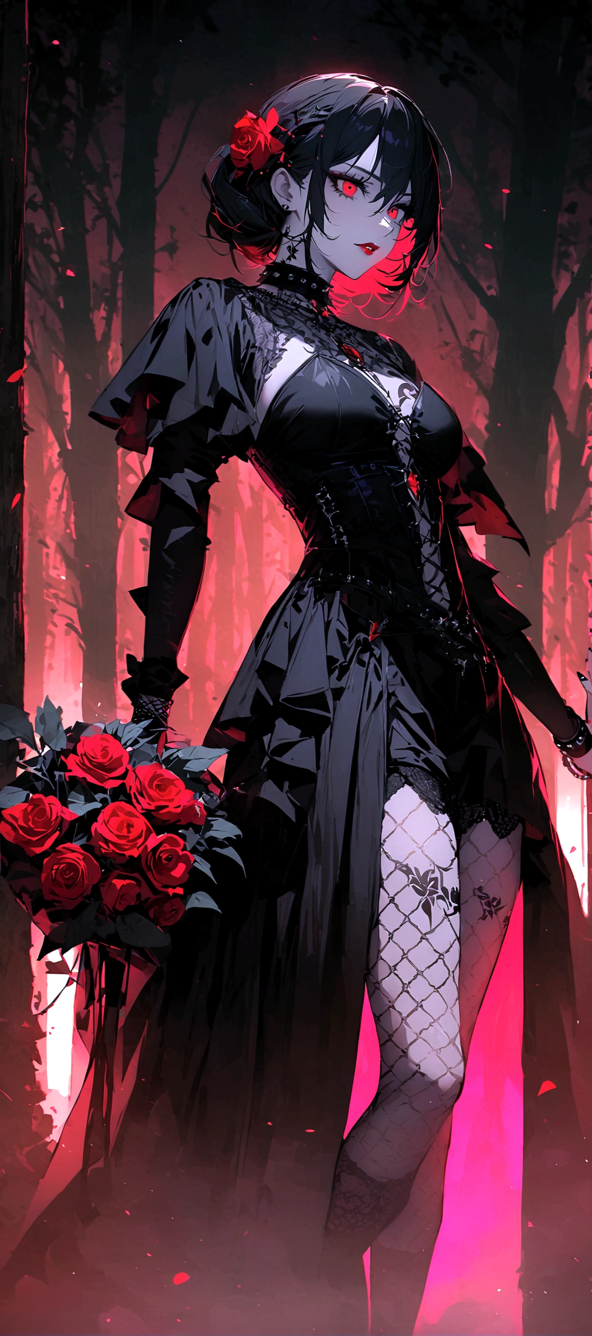 highres, ultra-detailed, (best quality,4k,highres,masterpiece),subdued colors, vivid colors, professional lighting, detailed lips, detailed eyes, goth girl,fishnet stockings on thighs,dark and mysterious scenery,beautiful detailed eyes,long black hair,red lipstick,pale white skin,gothic fashion style,standing in a moonlit forest,with fog swirling around her,moonlight shining through the trees,creating dramatic shadows,gothic jewelry,studded collar and bracelets,dark and edgy makeup,black lace clothing,holding a bouquet of deep red roses,expressing both grace and rebellion,an air of mystery and confidence,an enchanting atmosphere,gothic-inspired tattoos on her arms and legs,dark nail polish,standing with a confident stance,exuding a captivating aura,hauntingly beautiful,embodying a blend of elegance and darkness,uniquely captivating,with an air of melancholy,an ethereal presence,as if she belongs to another world,her eyes reflecting a deep, inner strength