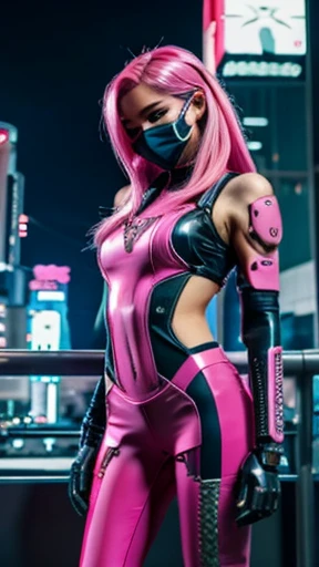 cyberpunk 2d anime girl, with pink hair, hightech mask, modern skinny suit with sci fi tokyo in the background, at night