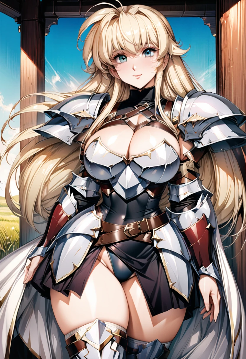 ((highest quality)), ((masterpiece)), ((hyperrealistic)), (detailed background), solo, 1girl, ((curvy: 1.2)), kawaii, smile, dark princess, ((armored dress: 1.3)), langrisser, blonde braided long hair, Ahoge, (paladin armor), ((Tight-fitting leotard bodysuit)), ((huge breasts)), ((arm guard gauntlet)), (metal harness breastplate), belt waist armor, high leg cut, ((zettai ryouiki knee socks boots)), (big butt), (cleavage cutout), (Groin), (thighs), perfect cloak, beautiful aqua eyes, droopy eyes, perfect face, Perfect hands, perfect fingers, Blue sky and grassland, posing, elegant pose