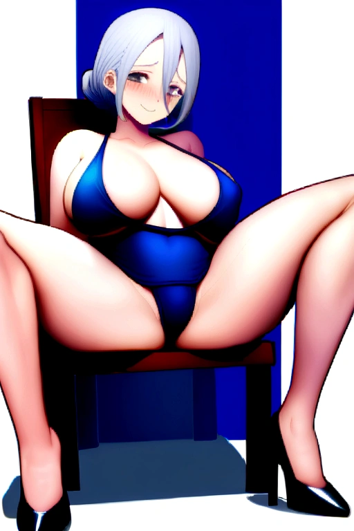 日本人 Mature Woman, (alone), 50 years old, (Wrinkles around the eyes:1.2), Large Breasts, Mature Woman, Glamour, Sexy, Chromo White Skin, View your viewers、Oversized breasts、School Swimsuit、、High heels、smile、Public place、Sit on a chair and spread your legs