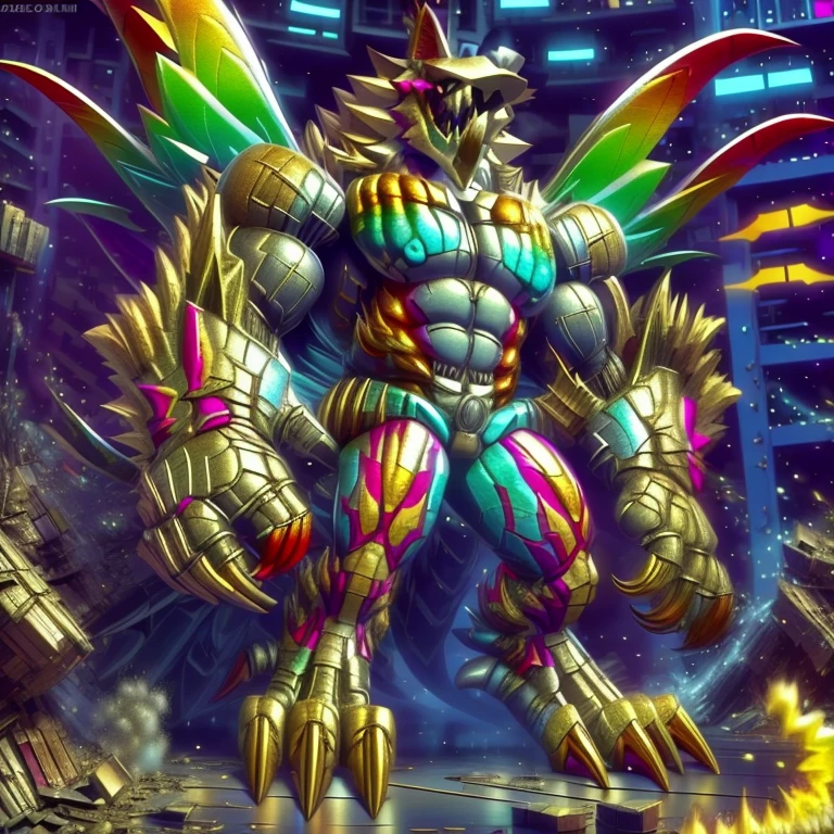 (masterpiece. official art. 8k. best quality. detailed full body. full body.)
(situation 1 : dominating The Phoenix Wolf. The Phoenix Wolf is over 1000 meters long. focus GIANT mechanical Muscular The Phoenix Wolf is trampling the car. Looking down.)
(situation 2 :smoke and flames rising from the destruction in the city)
(Additional details 1: Wearing GOLDEN Armor. Cape. Helmet. real texture material. whole body shines like metal. emphasizes the muscles. suit fully made of metal.Robotic suit).
(Additional details 1.5: The arms are golden. The lower half of the body is golden. The wolf-shaped helmet has sharp fangs. The whole body is golden.).
(Additional details 2: Detailed head. Detailed Body. Detailed abs. gigantic muscles. HYPER MUSCLES. Gigachad Muscular. big muscle. pecs. triceps. traps. unusually developed muscular body. body full of huge muscles. showing off muscles. pectorales enormes. Exaggeratedly huge muscles. huge muscles. long legs.).
(Additional details 3: nj5furry, Spread wings. It has wings. The claws are sharp. Sharp teeth.). He is laughing defiantly. The claws are sharp. Sharp teeth.). He is laughing defiantly.