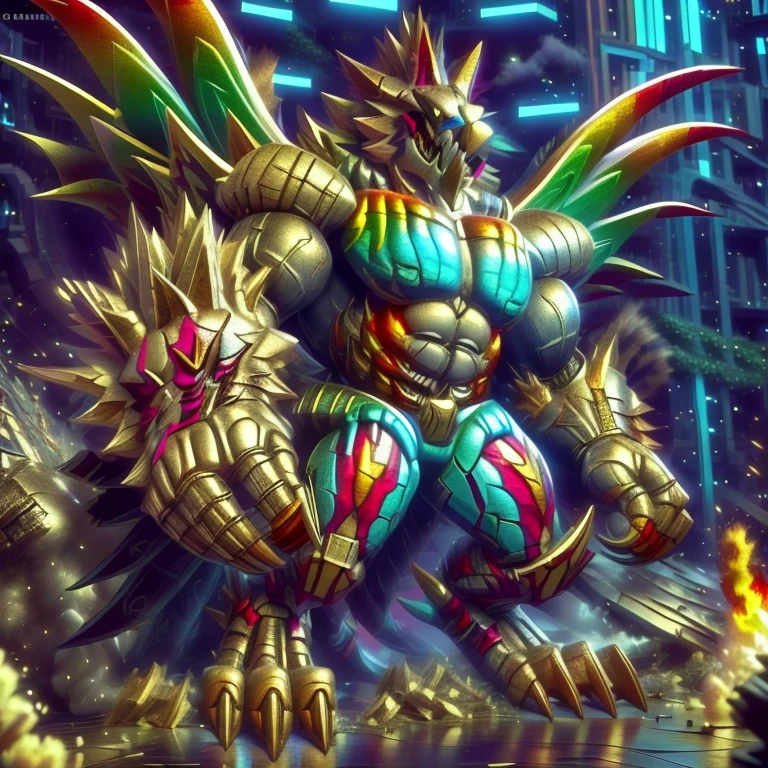 (masterpiece. official art. 8k. best quality. detailed full body. full body.)
(situation 1 : dominating The Phoenix Wolf. The Phoenix Wolf is over 1000 meters long. focus GIANT mechanical Muscular The Phoenix Wolf is trampling the car. Looking down.)
(situation 2 :smoke and flames rising from the destruction in the city)
(Additional details 1: Wearing GOLDEN Armor. Cape. Helmet. real texture material. whole body shines like metal. emphasizes the muscles. suit fully made of metal.Robotic suit).
(Additional details 1.5: The arms are golden. The lower half of the body is golden. The wolf-shaped helmet has sharp fangs. The whole body is golden.).
(Additional details 2: Detailed head. Detailed Body. Detailed abs. gigantic muscles. HYPER MUSCLES. Gigachad Muscular. big muscle. pecs. triceps. traps. unusually developed muscular body. body full of huge muscles. showing off muscles. pectorales enormes. Exaggeratedly huge muscles. huge muscles. long legs.).
(Additional details 3: nj5furry, Spread wings. It has wings. The claws are sharp. Sharp teeth.). He is laughing defiantly. The claws are sharp. Sharp teeth.). He is laughing defiantly.