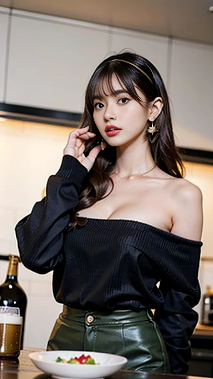 (from below:1.2), (perky chest:1.2), (pointed chest:1.2), 1girl, Bust A Cup, Amazing Cleavage:1.1, thin waist, big ass, Raised cute, small breast: 1.1 posed cleavage:1.2、solo, looking at viewer, have a cute glass of cute beer glass,black hair, dark green eyes, dress, bare shoulders, jewelry, collarbone, side locks, hairband, earrings, indoors, off shoulder, arms behind back, plants, short hair with long locks, gild hairband, off-shoulder dress, sweater dress, off-shoulder sweater, red sweater, dark gold hair, big side hair, very long side hair,is rendered in (masterpiece: 1.2, best quality), with (ultra high resolution) and an exquisite (depth of field). This masterpiece is not only visually stunning but also tells,A scene of cooking in the kitchen
