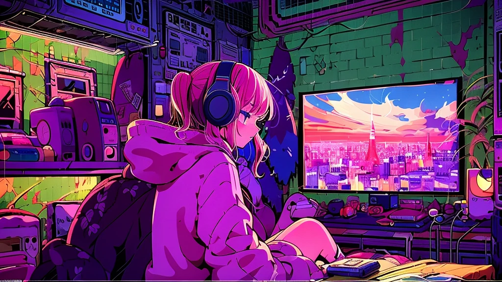 (From behind), Anime girl sitting in front of a computer in a cozy bedroom, Girl listening to music in a cozy room (night), Use headphones, On the roof, (beautiful night views from windows), Lots of things, 2D Anime Style, The aesthetics of anime in the 90s, Lo-Fi, Very detailed, hard disk, A mix of anime style and Fujifilm, Surreal, 8K, masterpiece
