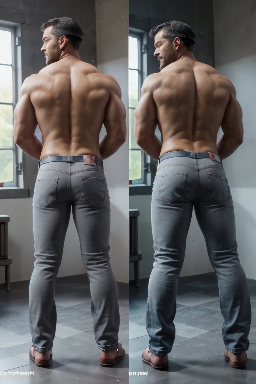 Award-winning original photoen, 30 years old man and wild muscular man, 40 years old, short beards, burly, hunk, wearing shirts, smilling happil, detailed, lovely, ((full body)), (((shirtless )))(((gray jeans))) (((backside))) (((Big butt)))