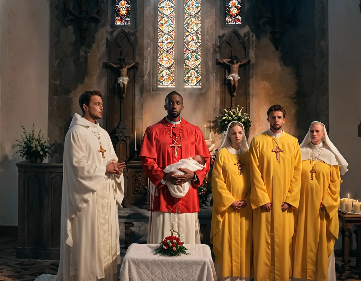 An ultra realistic church altar, Gothic style, in front of the pupto in the center we have a black man, holding a  wrapped in a white blanket, on the left side we have a priest with open arms with an astonished look and on the right side a choir with white clothes and white veils looking at the man with an appearance of fear. The man in the red blazer and red hat holds the baby as if hs going to baptize him. The priest dressed in white is white and calico, just like the three}These are choir people dressed in yellow