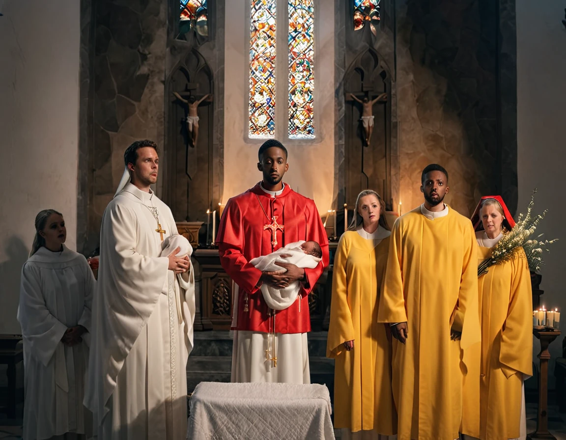 An ultra realistic church altar, Gothic style, in front of the pupto in the center we have a black man, holding a newborn baby wrapped in a white blanket, on the left side we have a priest with open arms with an astonished look and on the right side a choir with white clothes and white veils looking at the man with an appearance of fear. The man in the red blazer and red hat holds the baby as if he was going to baptize him. The priest dressed in white is white and calico, just like the three}These are choir people dressed in yellow