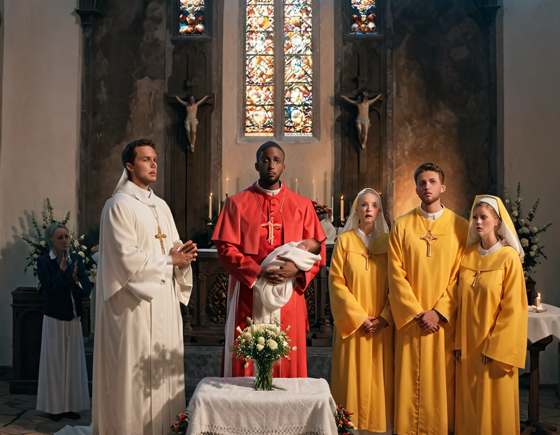 An ultra realistic church altar, Gothic style, in front of the pupto in the center we have a black man, holding a  wrapped in a white blanket, on the left side we have a priest with open arms with an astonished look and on the right side a choir with white clothes and white veils looking at the man with an appearance of fear. The man in the red blazer and red hat holds the baby as if hs going to baptize him. The priest dressed in white is white and calico, just like the three}These are choir people dressed in yellow