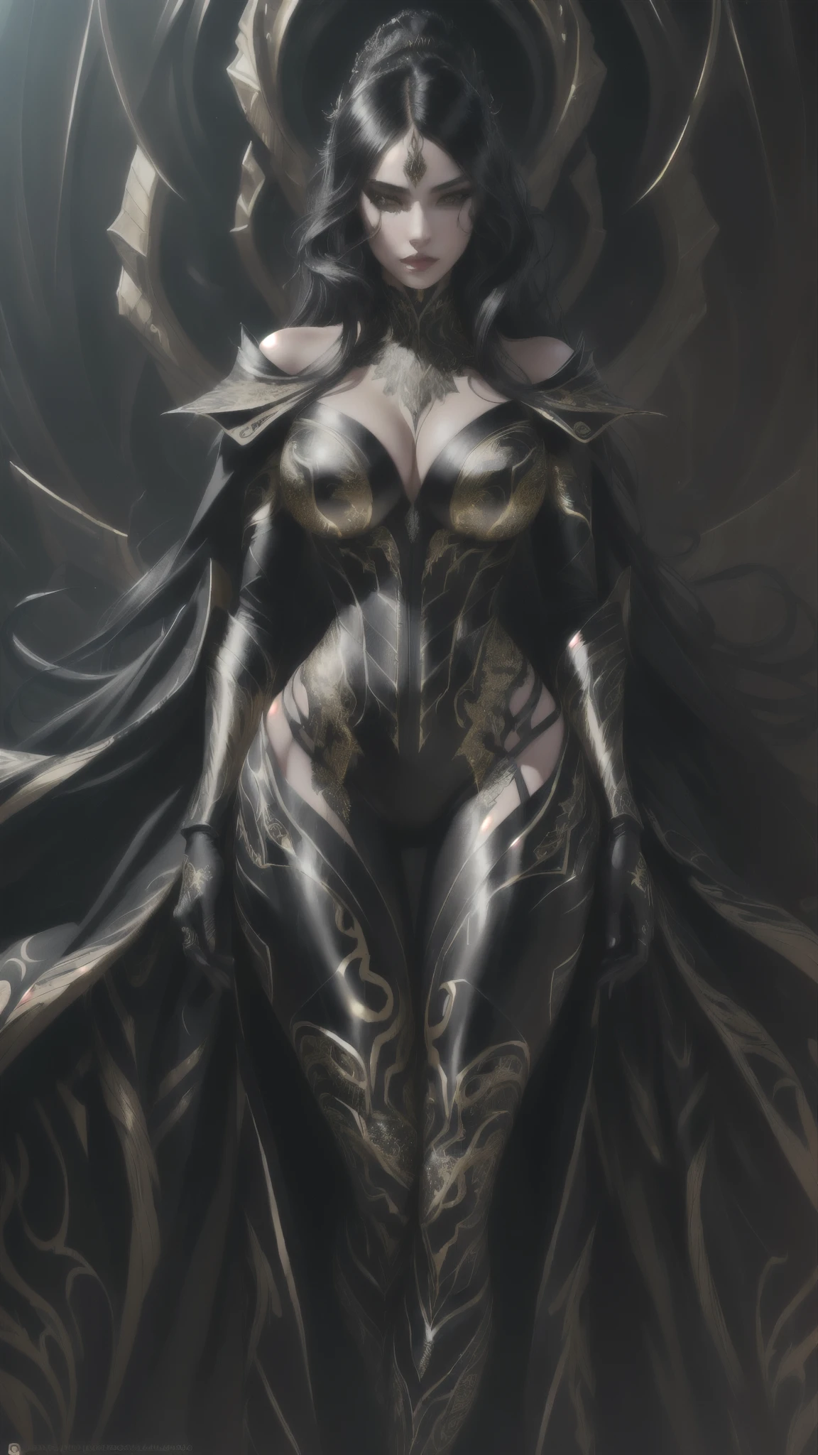 a beautiful girl in a venomous black and gold suit,detailed face,detailed eyes,detailed lips,beautiful black hair,dramatic lighting,digital art,concept art,intricate detail,hyper realistic,8k,ultra-detailed,photorealistic,vibrant colors,chiaroscuro lighting