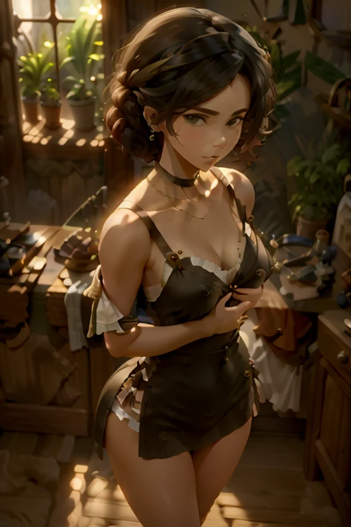 (from above:1.2), (perky chest:1.2), (pointed chest:1.2), 1girl, Bust A Cup, Amazing Cleavage:1.1, thin waist, big ass, Raised cute, small breast: 1.1 posed cleavage:1.2、solo, looking at viewer, have a cute glass of cute beer glass,black hair, dark green eyes, dress, bare shoulders, jewelry, collarbone, side locks, hairband, earrings, indoors, off shoulder, arms behind back, plants, short hair with long locks, gild hairband, off-shoulder dress, sweater dress, off-shoulder sweater, red sweater, dark gold hair, big side hair, very long side hair,is rendered in (masterpiece: 1.2, best quality), with (ultra high resolution) and an exquisite (depth of field). This masterpiece is not only visually stunning but also tells,A scene of cooking in the kitchen