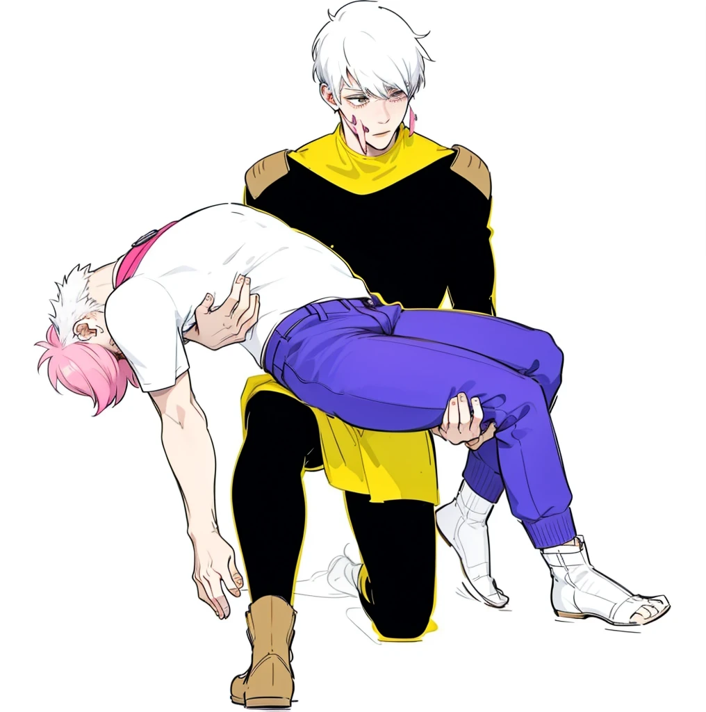 18-year-old man with white hair carries a dead young man with pink hair in his arms