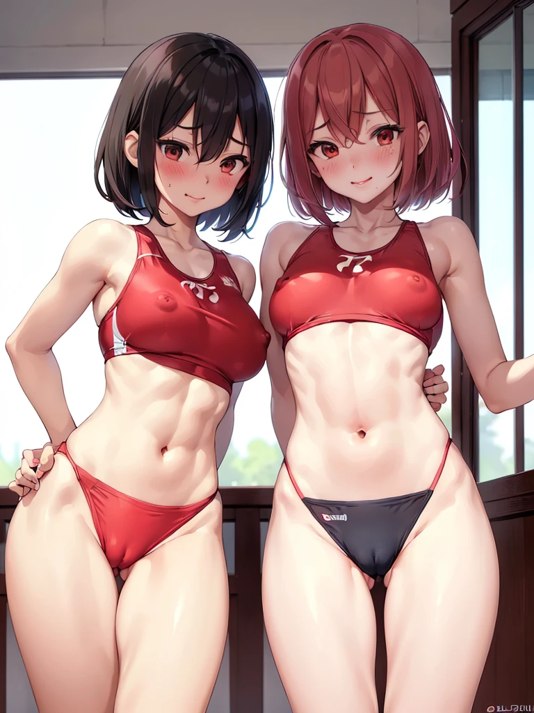 (nsfw:1.1),((2 girls,)), (Blushing:1.4), (silk highleg small tight sports bikinis red white and black color), evil Smile, Cowboy Shot, Slim body, large breast, Full Body, (erect nipples,cameltoe:1.2)