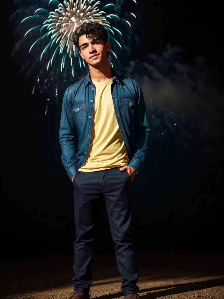 Make an expressionism-style painting of a young 23-year-old Mexican man, which is high. You look only from a little above the knees up., but with a butterfly hovering around you or maybe you can hold it in one hand.
He is seeing you, does not break contact.
His unmatched smile like the photos he sent me.
A happy but tired look, you can hardly see his eyes.
Some bushy eyebrows, and beautiful eyelashes, with that slightly big and straight nose and his thick, pink lips, how much I liked it when he kissed me on my face..
Even though her hair is dark brown, a little curly and short on the sides, along the center, He has a yellow aura due to his intelligence and reasoning..
A background that shows those fireworks that reminds me so much, a sky almost reaching dusk and it could be with a sea because I couldn't understand all that it has inside it, something that left me halfway in knowing it, since he kept a lot of things to himself and always told you that he was fine or tired or that he was just working, He was never more open to what he did or wanted to do or achieve..
His shirt, It has to be something unusual, but beautiful, He likes t-shirts with sarcastic phrases or drawings, colors like wine, green, Red or blue. Dress pants or with their elastic, between beige and navy blue.
He has a mole on his left cheek..