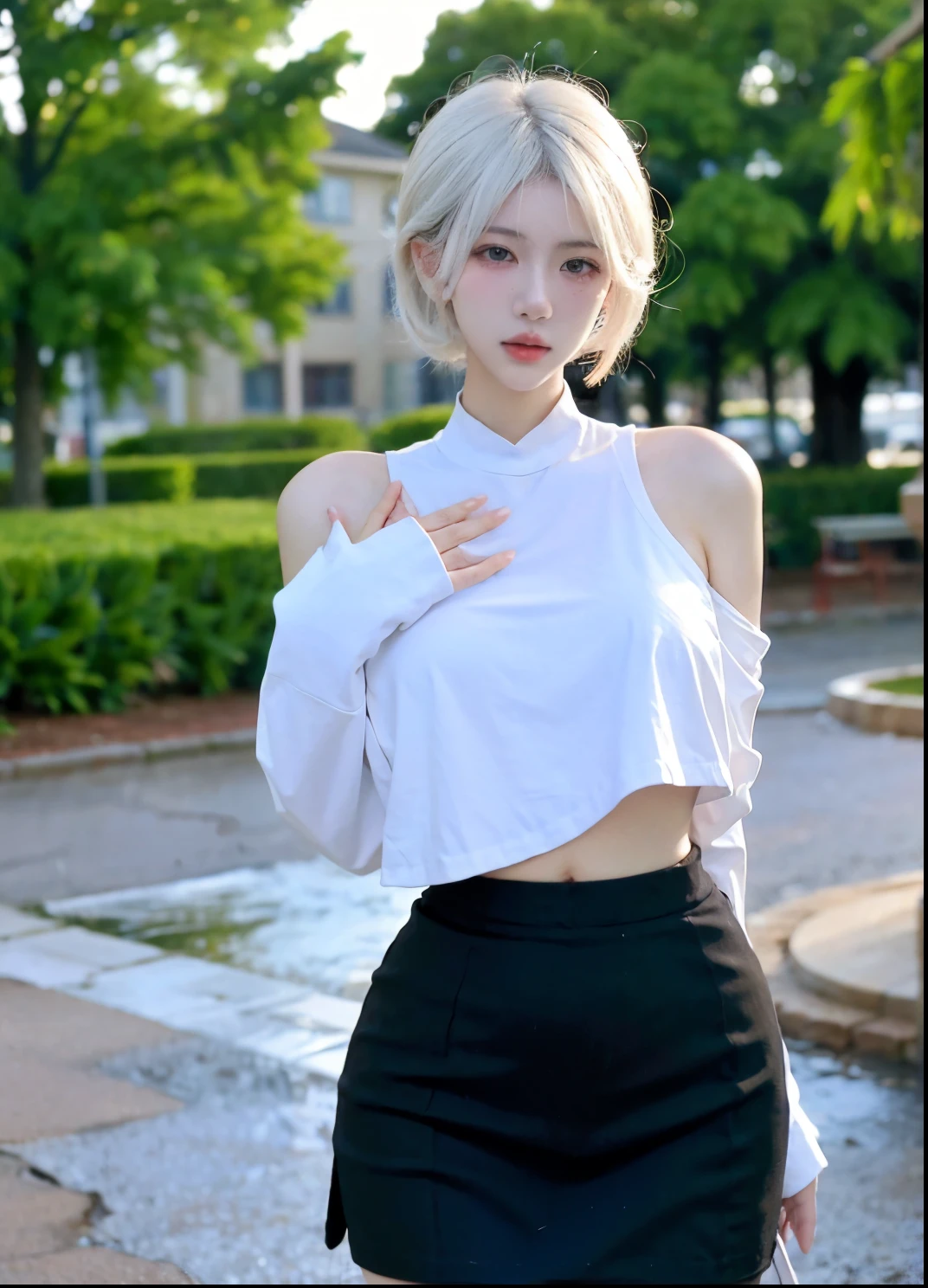 Beautiful woman with perfect figure:1.4,Ultra-high resolution,Put your hands behind your back,Snow background,(Realism:1.4),perspective,Layered hairstyle,Snow white skin,JK:1.5,Super short pleated skirt,whole body:1.4,Very delicate and skin texture,Double eyelids,Skin Whitening,Long hair,White hair