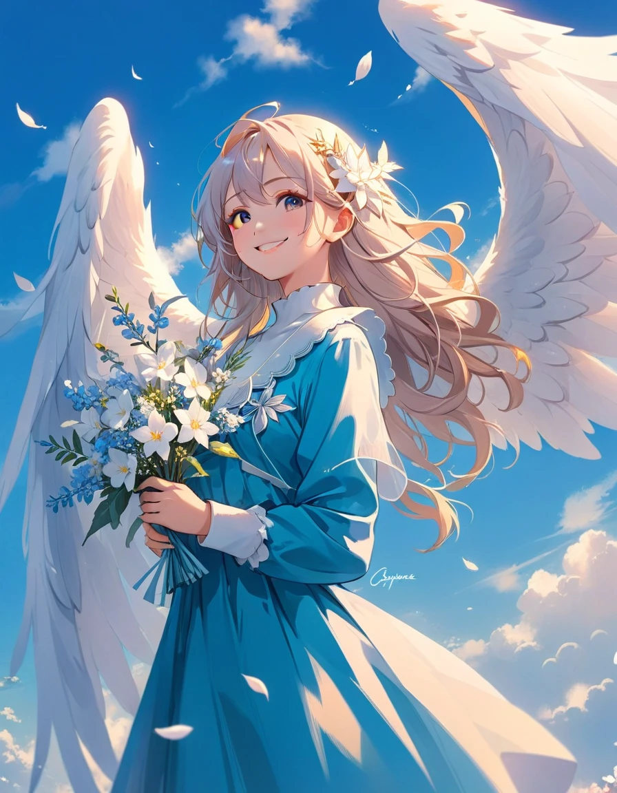 With long hair and white wings、Smiling anime girl holding flowers, of an beautiful Angelic少女, Beautiful angel, guweiz on pixiv artstation, of Beautiful angel, Angelic少女, Digital art on pixiv, Guweiz on ArtStation Pixiv, portrait of a Beautiful angel, Beautiful Anime art, Beautiful Anime, Beautiful Anime artwork, Angelic