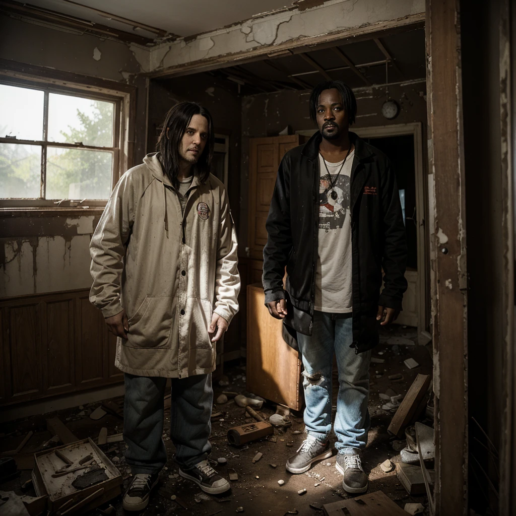 jeff the killer and ghostface making friends with each other in a creepy old abandoned house with broken things and some dust and cobwebs
