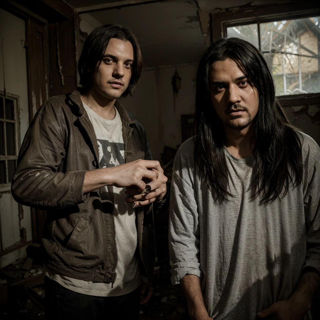 jeff the killer and ghostface making friends with each other in a creepy old abandoned house with broken things and some dust and cobwebs