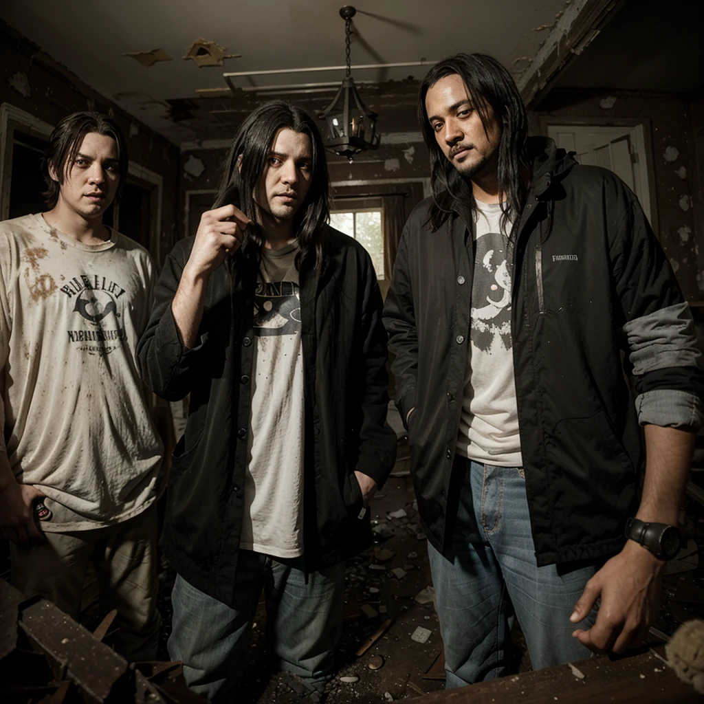 jeff the killer and ghostface making friends with each other in a creepy old abandoned house with broken things and some dust and cobwebs