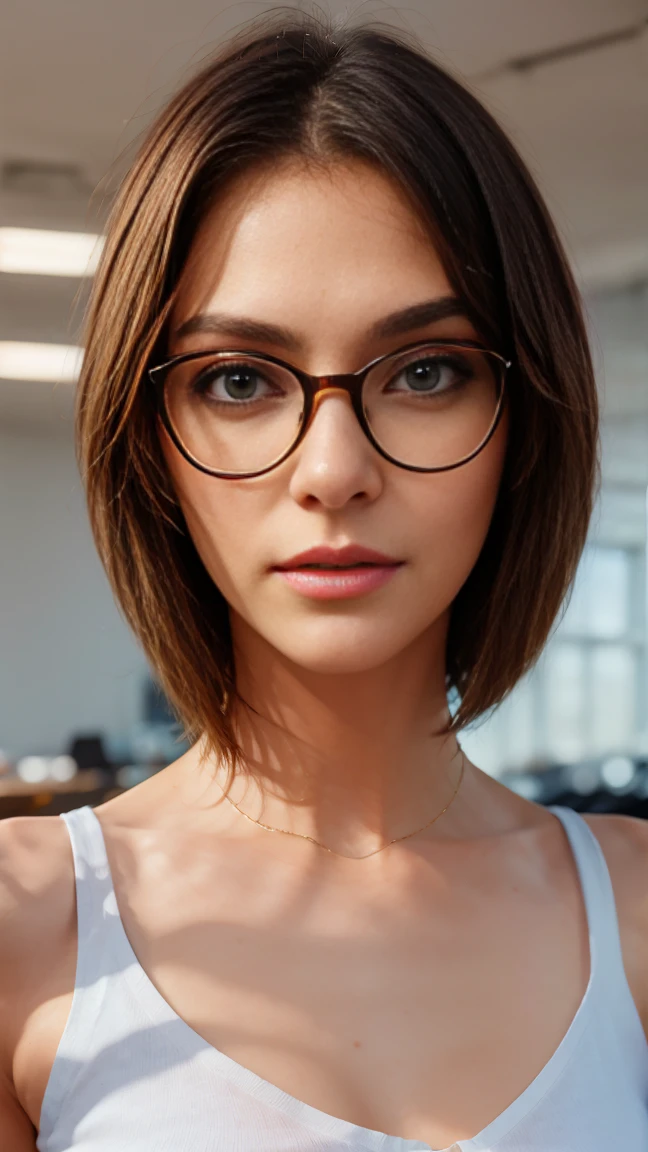 There's a woman with glasses and a yellow top posing for a photo, Directed by: Nandor Soldier, Valentina Shuffle, blue symmetric eyes 24yo, With eye Glasses, very low quality, fot, 1 8 I, around 20 yo, girl with glasses, frontal image, avatar image, around 1 9 years old, 2 5 I
