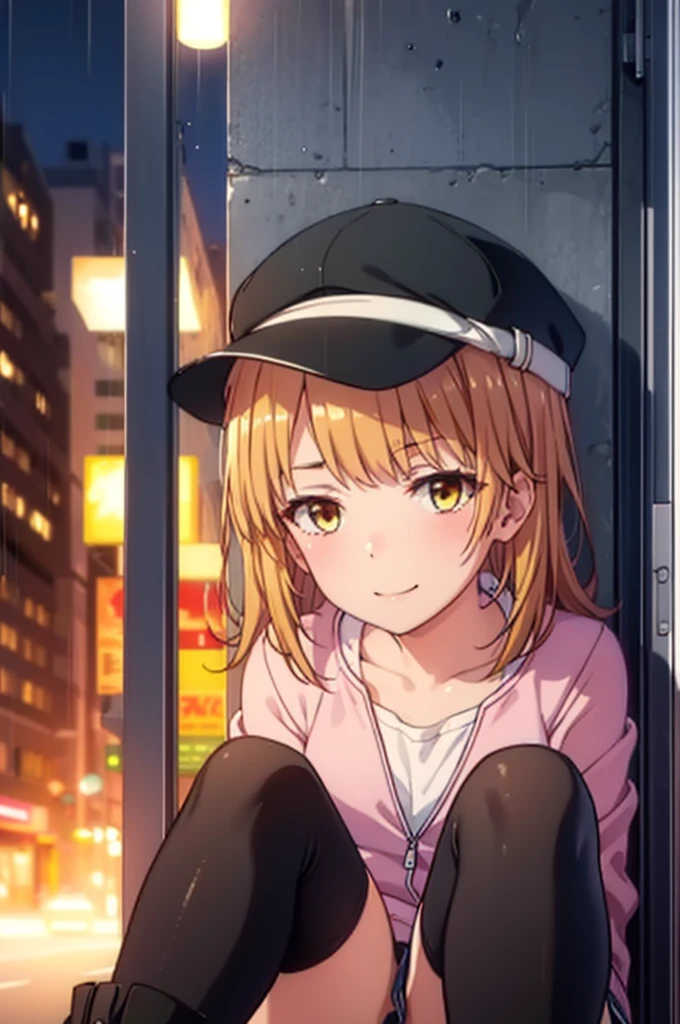 Irohaisshiki, isshiki iroha, Long Hair, Brown Hair, (Brown eyes:1.5), happy smile, smile, Close your mouth,blush,rain,night,Baseball hats,Pink oversized hoodie,V-neck shirt,mini skirt,Black pantyhose,short boots,Sitting leaning against the wall、,Hiding in a roofed building,whole bodyがイラストに入るように,
break outdoors, Building district,
break looking at viewer,whole body,
break (masterpiece:1.2), Highest quality, High resolution, unity 8k wallpaper, (figure:0.8), (Beautiful attention to detail:1.6), Highly detailed face, Perfect lighting, Highly detailed CG, (Perfect hands, Perfect Anatomy),