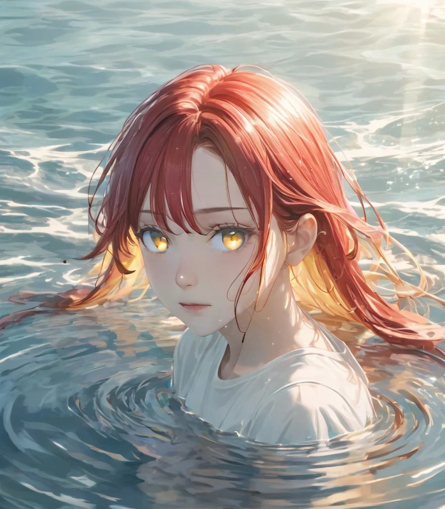 Anime style female character in water, (long red hair:1.2), (gentle expression:1.1), yellow colored eyes, White top, (rippling effect of water around the body:1.3), sunlight reflected in water, Clear sky, subtle splashes of water, high-resolution digital art, soft color palette, atmosfera tranquila, (serene ocean background:1.1), Realistic water texture