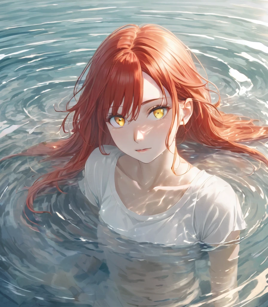 Anime style female character in water, (long red hair:1.2), (gentle expression:1.1), yellow colored eyes, White top, (rippling effect of water around the body:1.3), sunlight reflected in water, Clear sky, subtle splashes of water, high-resolution digital art, soft color palette, atmosfera tranquila, (serene ocean background:1.1), Realistic water texture
