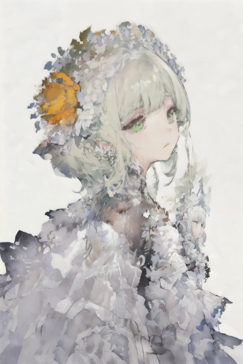 ((4k, masterpiece, best quality)), watercolor painting, oil painting, visible brush strokes, close-up portrait of 1 girl, solo, long fluffy hair, waist-length green and white hair, loose hair, long bangs, white and brown renaissance dress, embarrassed expression, about to cry, gentle, green eyes, elf girl, long pointy ears, sunflowers, flower crown, freckles, blushing, flower earrings, warm green color palette, afternoon setting, looking at viewer