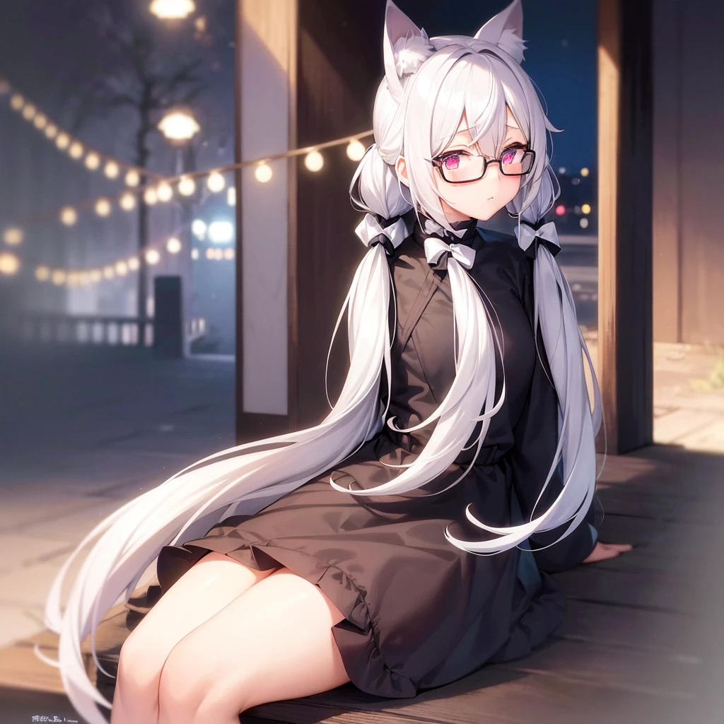 anime girl, white hair pigtails, black ribbons, blushing, blue glowing eyes, white cat ears, 8k, high res, 1 girl, good lighting, fine detail, brown fur jacket, blue jeans, glasses, red glove, (masterpiece), perfect face, best quality, looking at view, sitting