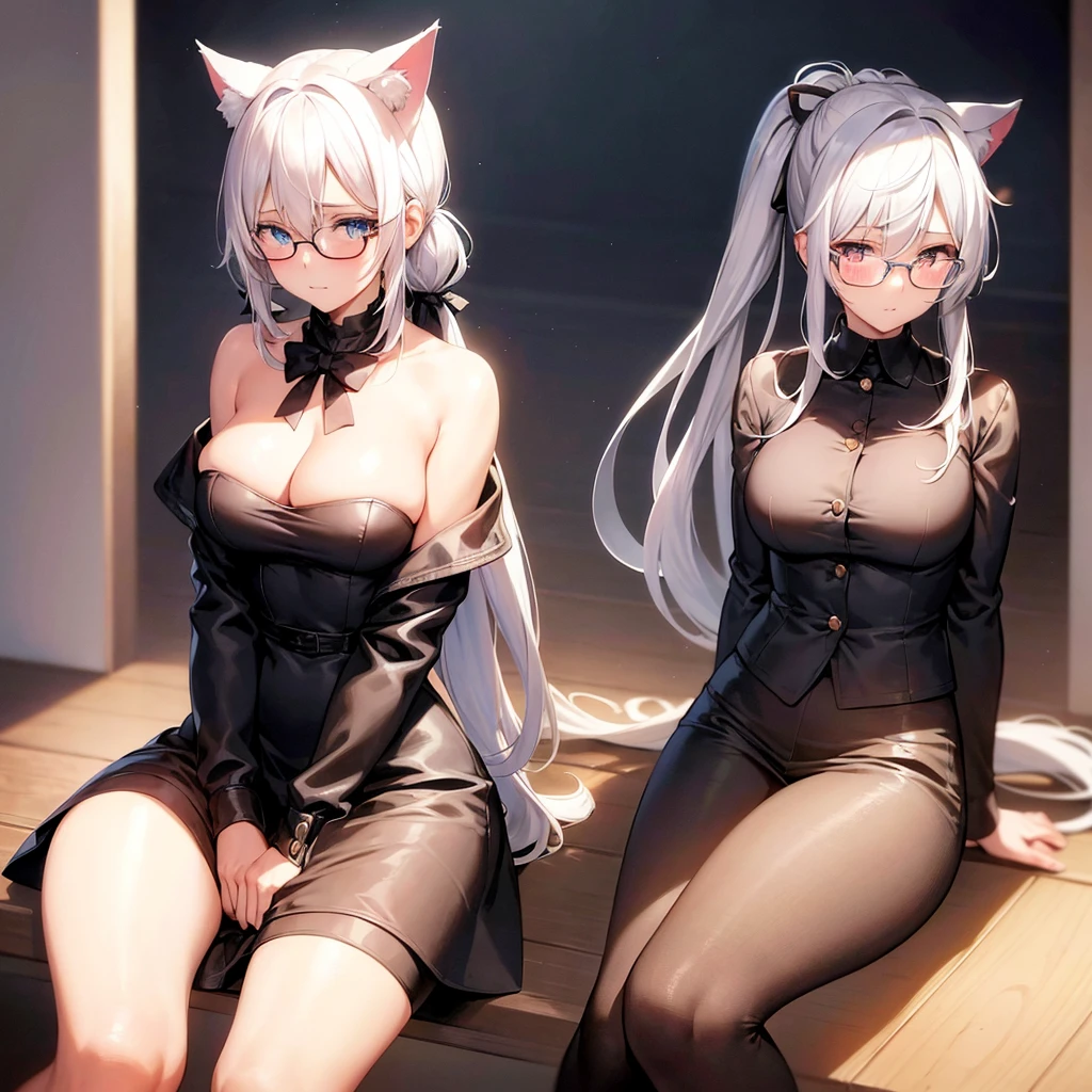 anime girl, white hair pigtails, black ribbons, blushing, blue glowing eyes, white cat ears, 8k, high res, 1 girl, good lighting, fine detail, brown fur jacket, blue jeans, glasses, red glove, (masterpiece), perfect face, best quality, looking at view, sitting
