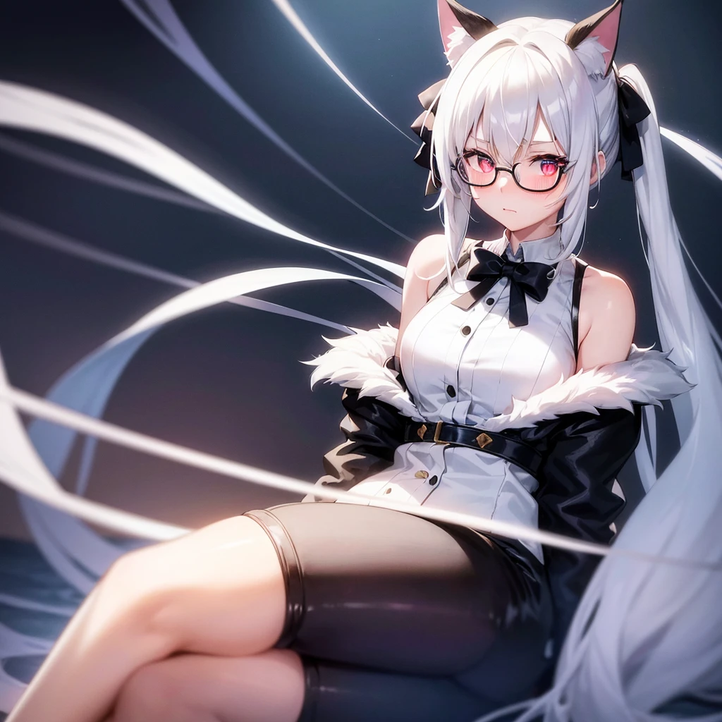 anime girl, white hair pigtails, black ribbons, blushing, blue glowing eyes, white cat ears, 8k, high res, 1 girl, good lighting, fine detail, brown fur jacket, blue jeans, glasses, red glove, (masterpiece), perfect face, best quality, looking at view, sitting