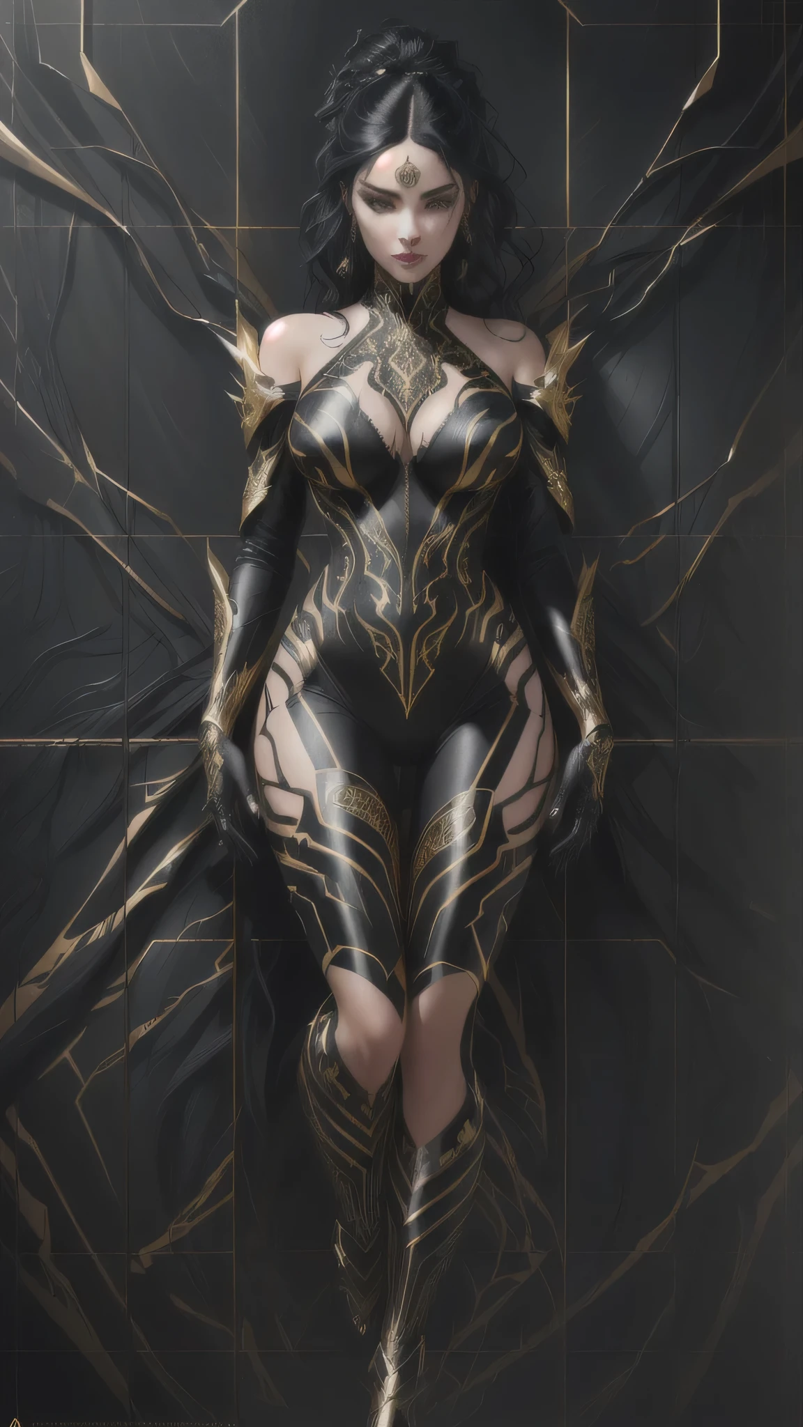 a beautiful girl in a venomous black and gold suit,detailed face,detailed eyes,detailed lips,beautiful black hair,dramatic lighting,digital art,concept art,intricate detail,hyper realistic,8k,ultra-detailed,photorealistic,vibrant colors,chiaroscuro lighting