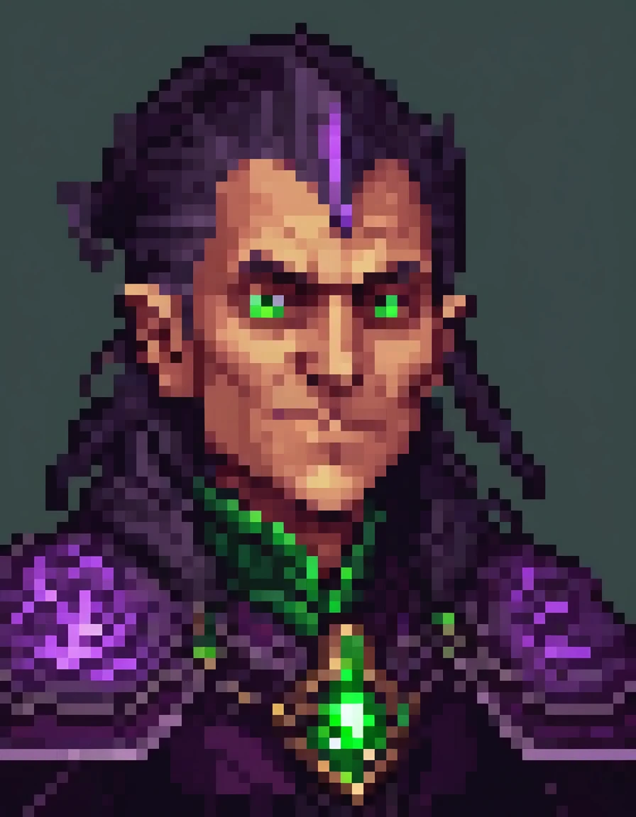 detailed portrait of a Dark Mage, green emphasis and accents, hard facial features, strange magic, evil powers, deadly magic user intricate pixel art style, highly detailed, masterpiece, 8k, photorealistic