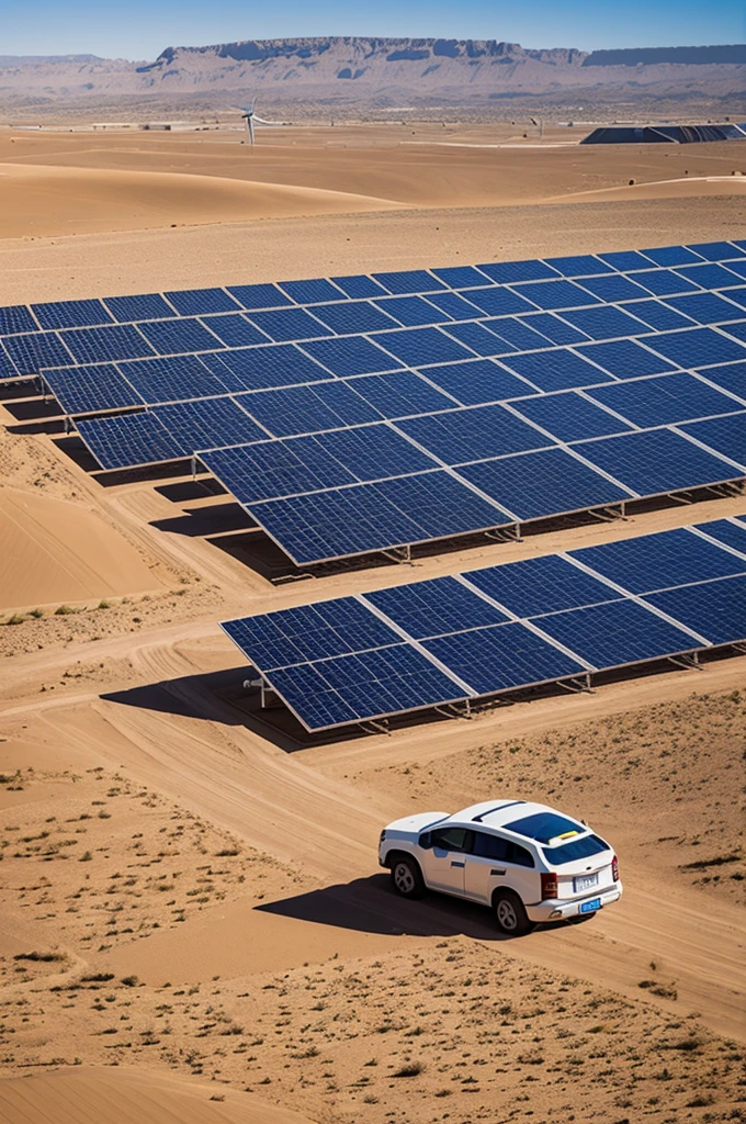 Solar panels with an engineer in a desert and wind turbines on a hill.