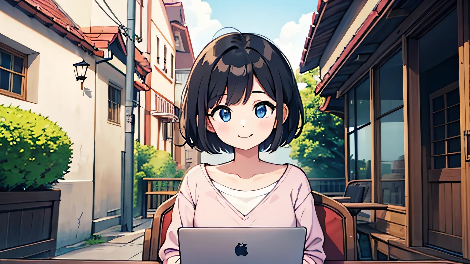 1girl, solo, blue eyes, (detailed eyes), flat chest, short hair, black hair, upper body, gentle smile on her face, , sitting up straight((masterpiece, illustration, best quality)) 、Face to detail、masterpiece sidelighting、​masterpiece、top-quality、detaileds、High resolution illustration),Woman using laptop on the open terrace of a fashionable café、((use a laptop))、a closeup、adult women、OL、Everyday clothes、A smile、frontage、The upper part of the body、black hair、Short bob hair、The upper part of the body、