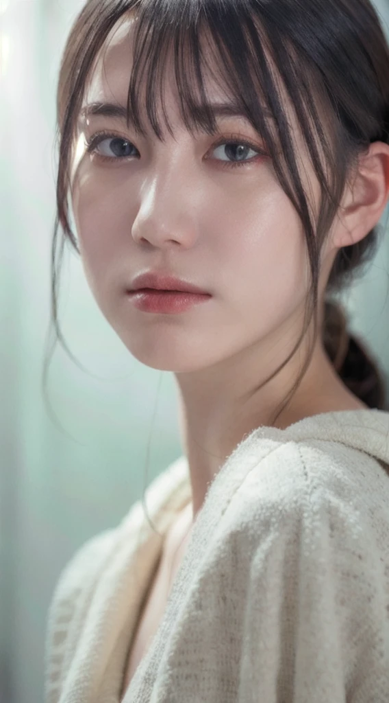 Dressed, (photo Realistic:1.4), (hyper Realistic:1.4), (Realistic:1.3), (Smoother lighting:1.05), (Improving the lighting quality of movies:0.9), 32k, One girl,20 year old girl, Realistic lighting, Backlight, Light on the face, Ray-tracing, (Bright light:1.2), (Improvement of quality:1.4), (Highest quality real texture skins:1.4), Detailed drawn eyes, Detailed painted face, Quality Eyes, (Tired, sleepy and satisfied:0.0), Face close-up, T-Shirts, (Enhance the mood of your body line:1.1), (Enhances the beauty of skin texture:1.1)