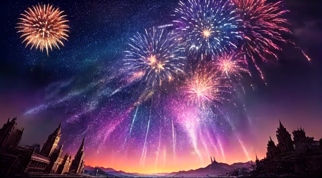 Close-up of a fireworks display with the sky as a background, Grand Finale, run away, Album art, Fate Grand Order, Promotional Art, 🪔 🎨;🌞🌄, Official artwork, Maximizing the dream landscape, Beasts, Album cover, opening scene, anime opening, Screenshots of the game, Code Geass, A magnificent composition
