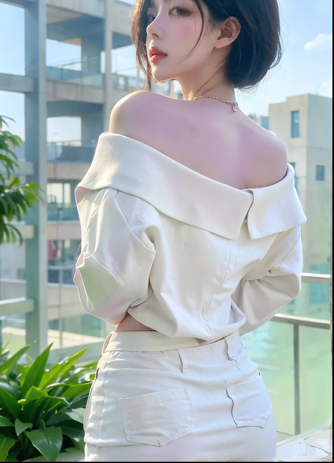 Beautiful woman with perfect figure:1.4,Ultra-high resolution,Put your hands behind your back,Snow background,(Realism:1.4),perspective,Layered hairstyle,Snow white skin,JK:1.5,Super short pleated skirt,whole body:1.4,Very delicate and skin texture,Double eyelids,Skin Whitening,Long hair,White hair