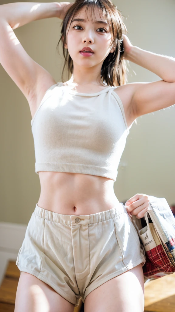 (((Very detailed:1.42、Are standing、Looking up from below:1.82、Composition above the knees)))、((Highest quality, 8K, masterpiece: 1.3)), sharp: 1.2, Perfect Body Beauty: 1.4, Slim Abs: 1.2, ((nude、Small breasts: 1.2)), (((Sheer short tank top:1.3,))), Short shorts:1.2, Bare shoulders, (((Underbust: 1.2))), Face close-up: 1.0, Very detailedな顔と肌の質感, Beautiful Eyes, double eyelid,