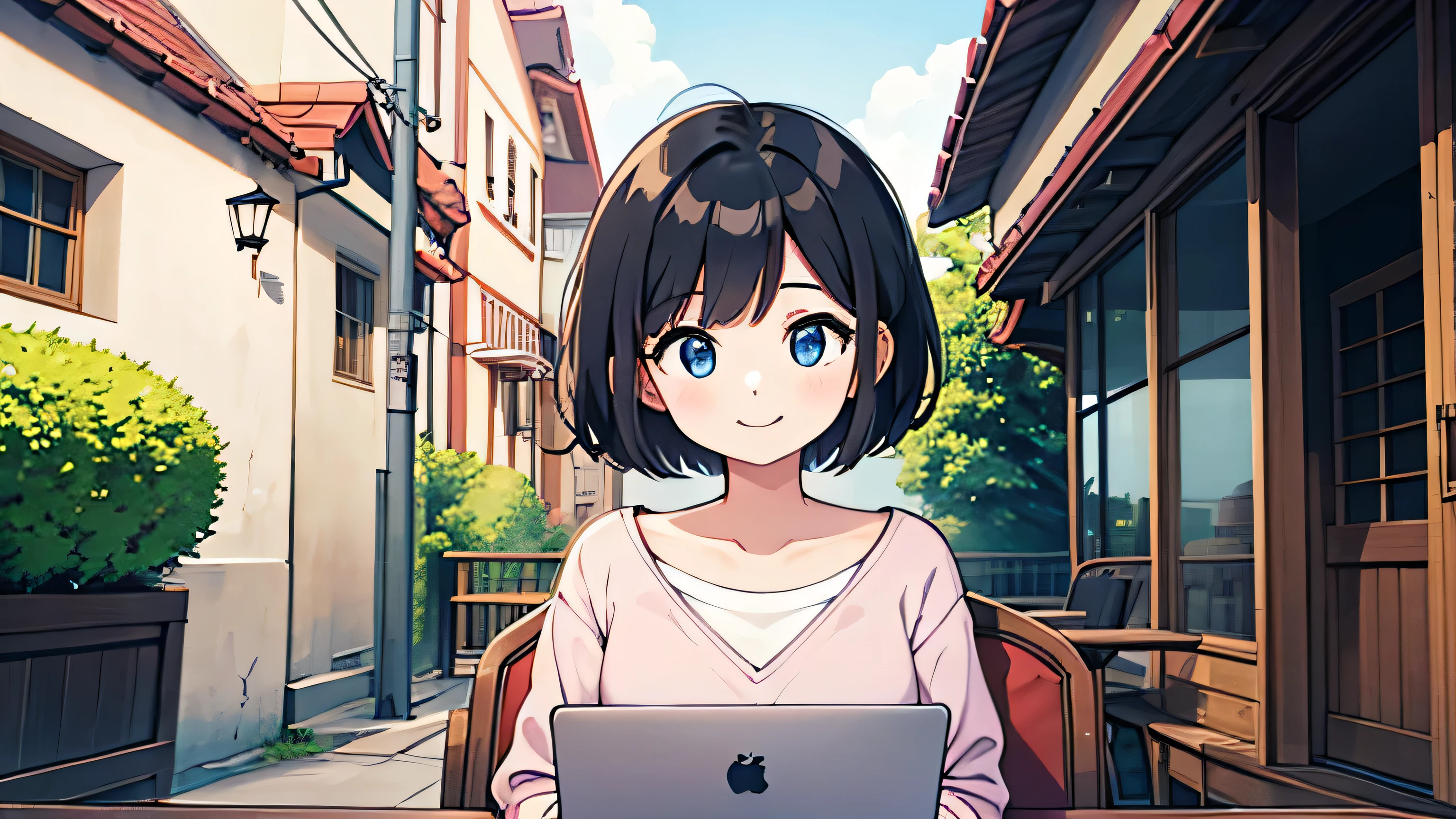 1girl, solo, blue eyes, (detailed eyes), flat chest, short hair, black hair, upper body, gentle smile on her face, , sitting up straight((masterpiece, illustration, best quality)) 、Face to detail、masterpiece sidelighting、masterpiece、top-quality、detaileds、High resolution illustration),Woman using laptop on the open terrace of a fashionable café、((use a laptop))、a closeup、adult women、OL、Everyday clothes、A smile、frontage、The upper part of the body、black hair、Short bob hair、The upper part of the body、