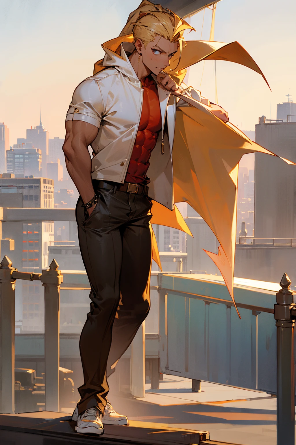 Masterpiece Quality, Perfect Generation, Sclera, Detailed Eyes, Skin, Blonde Slick Back Spiky Hair, Muscular, Casual Clothing, Bored Expression, , City Background, Full Body, Tanned Skin, Two Toned Red Highlighted Hair,