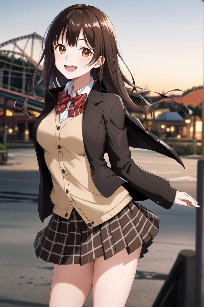 masterpiece, best quality, highres, 1girl, brown hair, long hair, bangs, brown eyes, medium breasts, red bowtie, , black jacket, open jacket, brown cardigan, white shirt, black skirt, plaid skirt, smile, open mouth, arms behind back, leaning forward, amusement park,