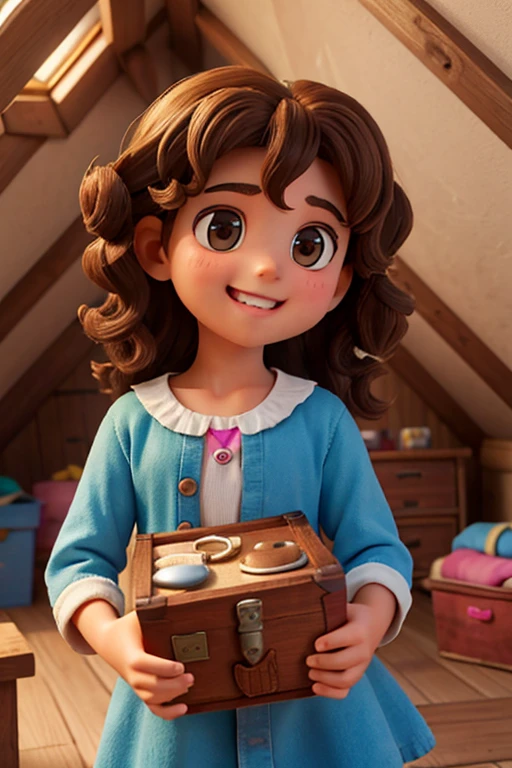 A 10 year old , Brunetette ,with curly hair, eyes browns ,small-nose ,very happy and curious finds a chest full of colorful old clothes in the attic
