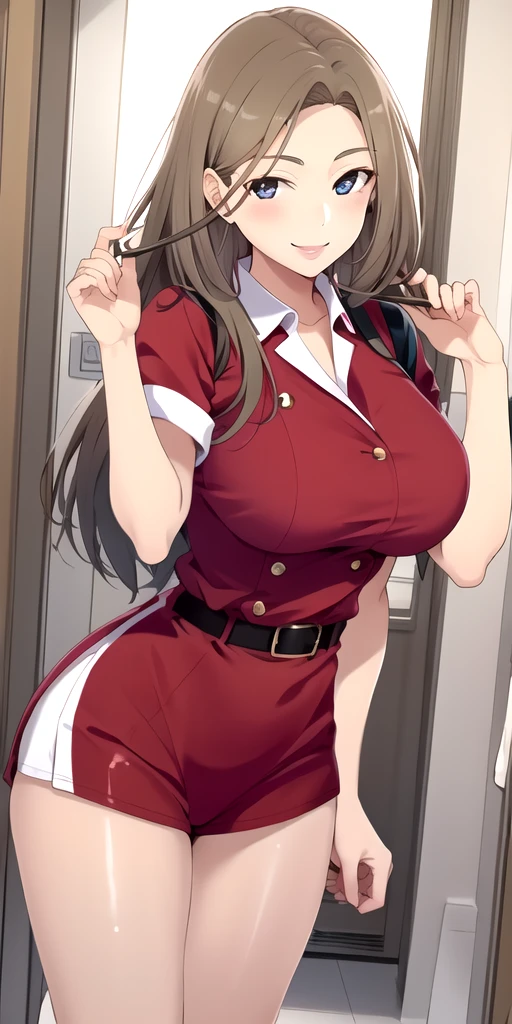 1girl, solo, brown hair, lipstick, large breasts, thighs, nurse outfit, smiling, standing