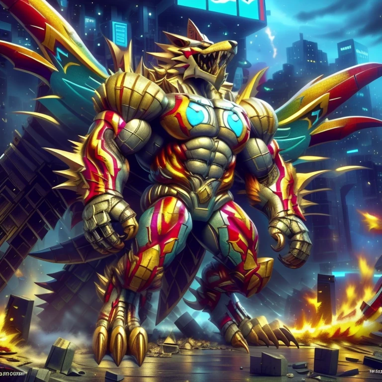 (masterpiece. official art. 8k. best quality. detailed full body. full body.)

(situation 1 : dominating The Phoenix Wolf. The Phoenix Wolf is over 1000 meters long. focus GIANT mechanical Muscular The Phoenix Wolf is trampling the car. Looking down.)

(situation 2 :smoke and flames rising from the destruction in the city)

(Additional details 1: Wearing GOLDEN Armor. Cape. Helmet. real texture material. whole body shines like metal. emphasizes the muscles. suit fully made of metal.Robotic suit).

(Additional details 1.5: The arms are golden. The lower half of the body is golden. The wolf-shaped helmet has sharp fangs. The whole body is golden.).

(Additional details 2: Detailed head. Detailed Body. Detailed abs. gigantic muscles. HYPER MUSCLES. Gigachad Muscular. big muscle. pecs. triceps. traps. unusually developed muscular body. body full of huge muscles. showing off muscles. pectorales enormes. Exaggeratedly huge muscles. huge muscles. long legs.).

(Additional details 3: nj5furry, Spread wings. It has wings. The claws are sharp. Sharp teeth.). He is laughing defiantly. The claws are sharp. Sharp teeth.). He is laughing defiantly.