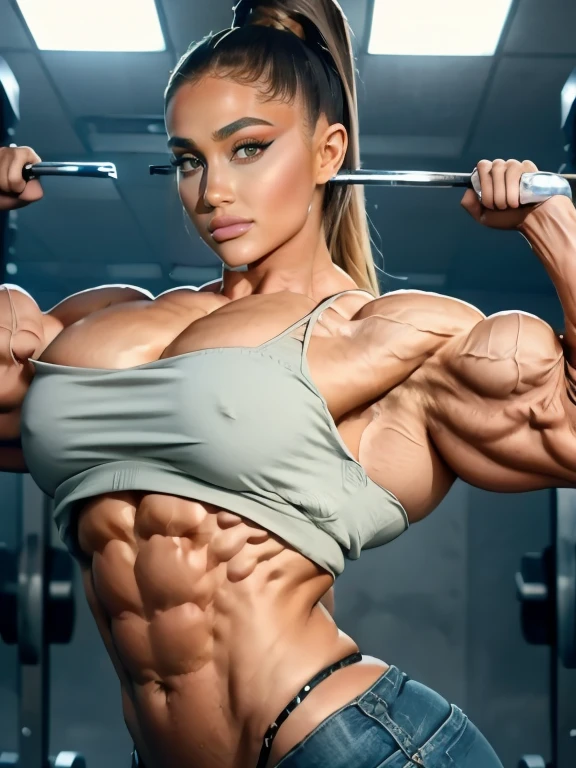 (2 girls body builders:1.6), ((masterpiece)), best quality, ultra-detailed:1.7, finely detail, high resolution:1.6, perfect dynamic composition, beautiful detailed faces:1.77, blonde babes:1.88, perfect red lipstick, perfect makeup:1.8, short denim bikini , large breasts:1.4, lovely look:1.7, gorgeous face:1.6, defined muscles:1.4, beautiful faces:1.8, alessandra ambrossio, izabel goulart, Kate Upton, Gigi Hadid, candice swanpoel ,popped out dense veins on muscles:1.8, hyper detailed picture:1.4, 8k resolution: 1.7, flex muscles:1.3, hyper muscular body shape:1.42, photorealistic:1.5, realistic:1.6, face masterpiece:1.74, good and professional lighting on picture:1.38, Ukrainian-Moroccan muscle beauty goddess, masterpiece 22 years old Ariana Grande and Jennifer Lopez as bodybuilders, extremely high resolution, hyper feminine beauty , hyper realistic texture , extra large , hyper muscularity, hyper vascularity, ass of titanium, muscles of steel, ripped body shape, ripped sexy ass with bikini, muscular ass , topless, kissing, good face details, hyper face detailing, doing sex, super romantic moment, hyper romantic, romantic kiss, nude females, perfect symmetrical face, sexy french kiss with tongues, serious muscle posing, exaggerated muscular body, extremely shredded, flexing and posing muscles as bodybuilder, exaggerated veins on biceps